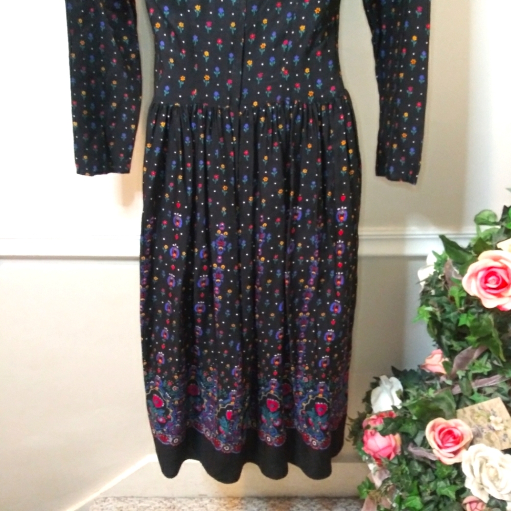 Rare Vintage Gunne Sax Cottageore Style Lace Collared Black Floral Midi Dress - Picture 9 of 14